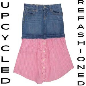 OLD NAVY Refashioned Up-cycled Long Denim Jean Striped Shirt Skirt - Girl's 7